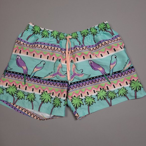 Chubbies Parrot Lined Swim Trunks Palm Trees Preppy Made In USA Size L 33-35